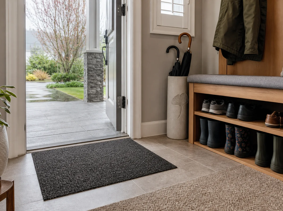 Organized entryway with a moisture-trapping mat, shoe storage and rain gear
