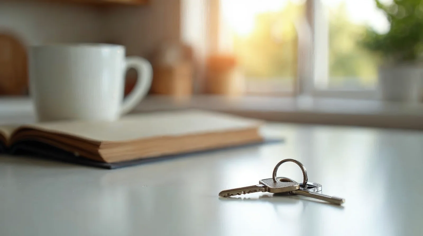 Realistic editorial photograph of a set of house keys resting on a clean kitchen counter beside a ceramic coffee mug and a closed plain folder, a lived-in family kitchen softly out of focus behind, wa