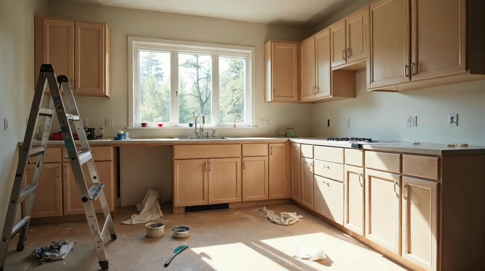 Realistic editorial photograph of a family kitchen in a Fraser Valley home partway through a renovation: new cabinets installed but not yet finished, a stepladder, a paint tray and drop cloths on the 