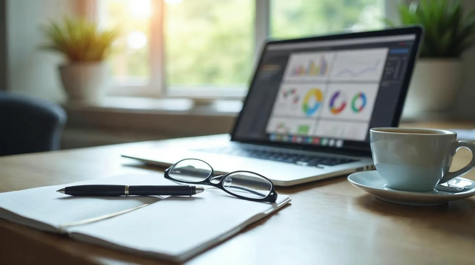 Realistic editorial photograph of a home office desk by a window: an open laptop whose screen shows a soft blurred chart with no readable numbers, a blank notepad with a pen, a pair of reading glasses